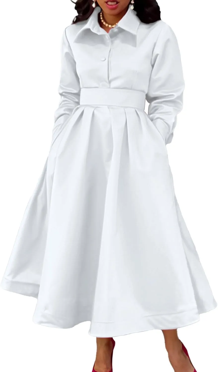 Sexyshine Women's Lapel Button Down Satin Maxi Dress Elegant Long Sleeve A Line Belted Pleated Flared Blouse Shirt Dress