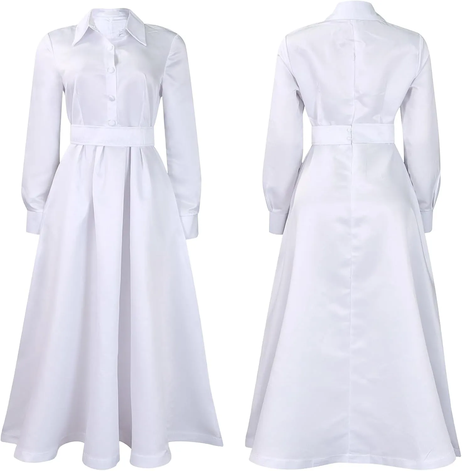 Sexyshine Women's Lapel Button Down Satin Maxi Dress Elegant Long Sleeve A Line Belted Pleated Flared Blouse Shirt Dress