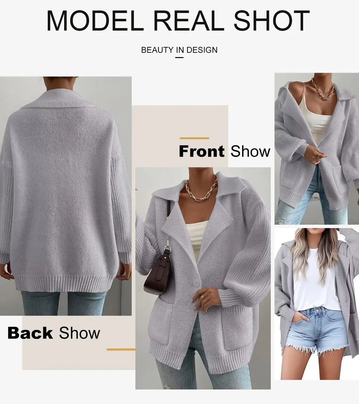 SHEWIN Women Open Front Knit Sweater Button Casual Long Sleeve V Neck Cardigan