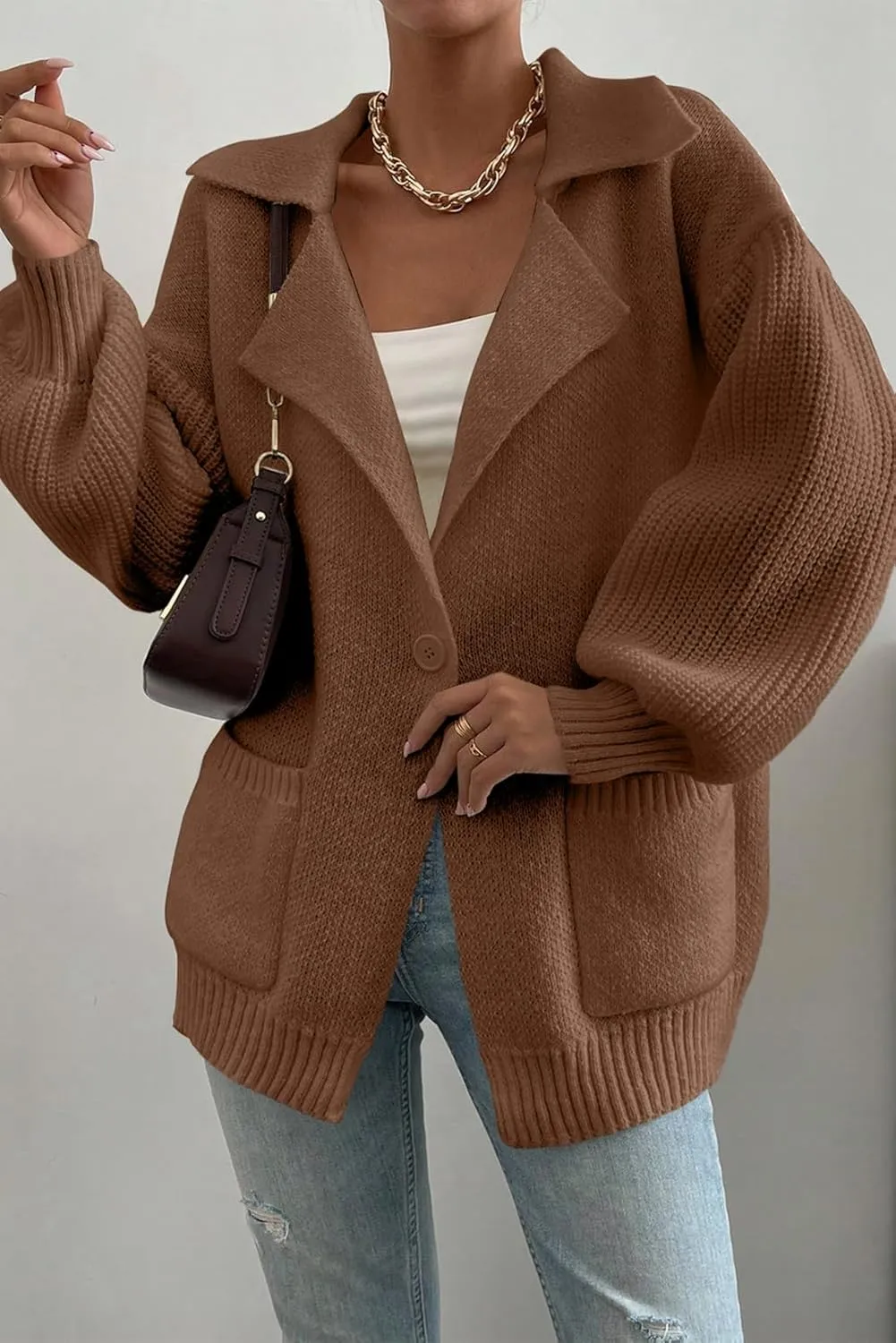 SHEWIN Women Open Front Knit Sweater Button Casual Long Sleeve V Neck Cardigan