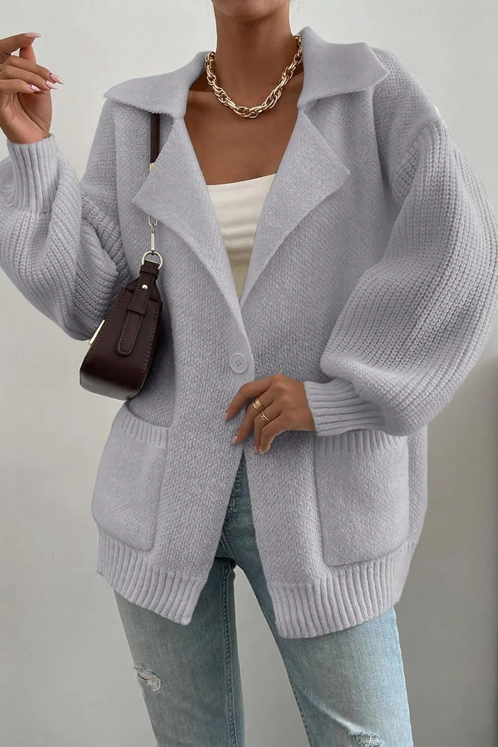 SHEWIN Women Open Front Knit Sweater Button Casual Long Sleeve V Neck Cardigan