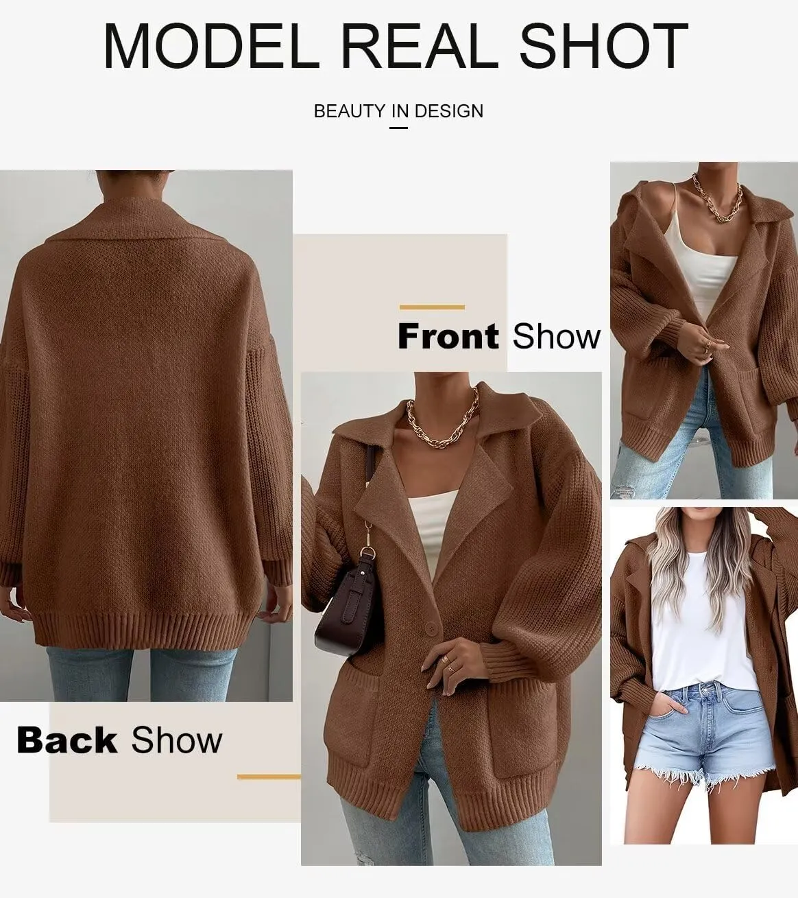 SHEWIN Women Open Front Knit Sweater Button Casual Long Sleeve V Neck Cardigan