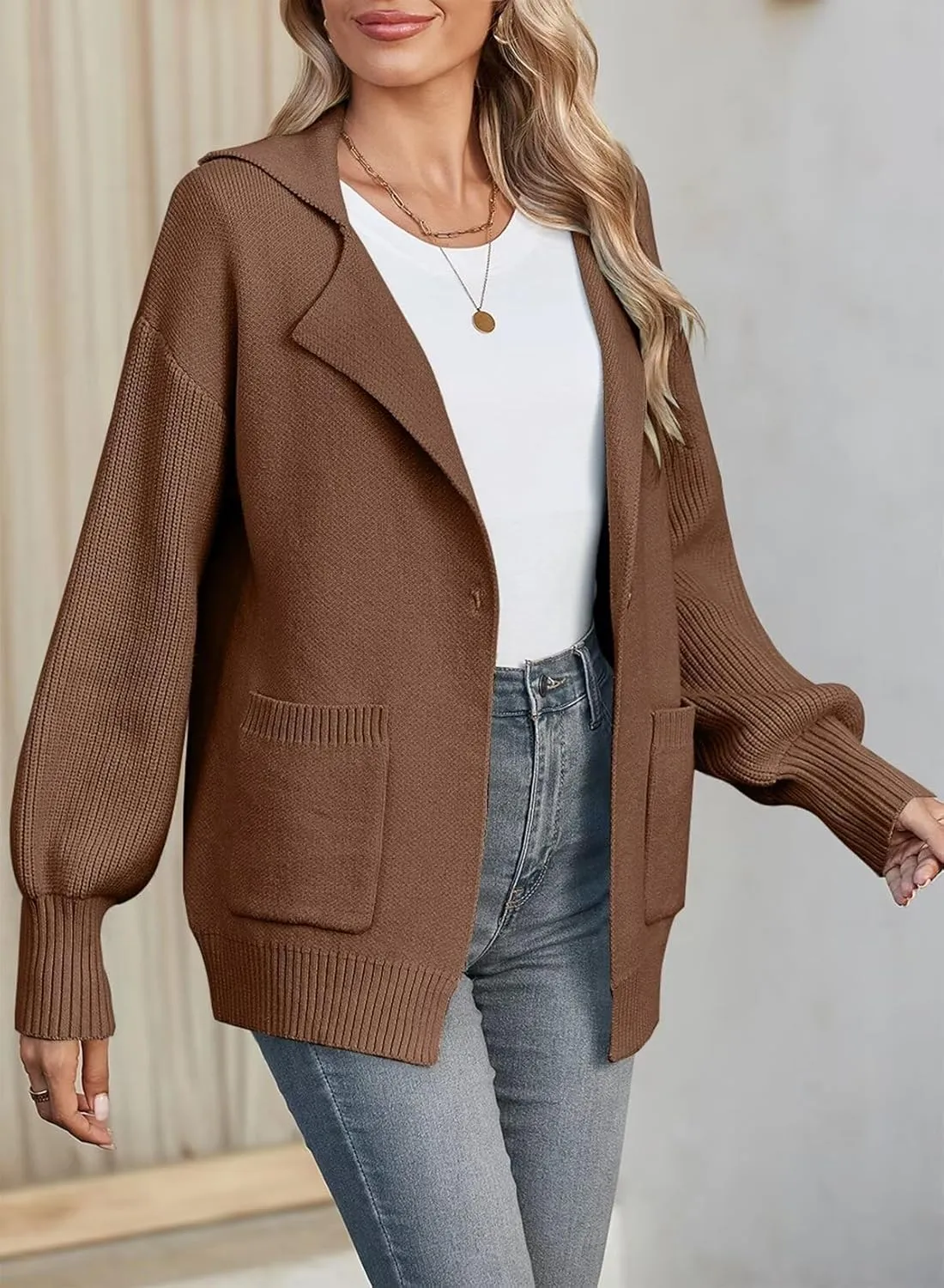 SHEWIN Women Open Front Knit Sweater Button Casual Long Sleeve V Neck Cardigan