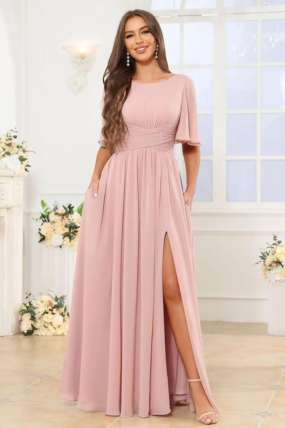Short Sleeve Bridesmaid Dresses Long A Line Pleated Chiffon Formal Evening Dress with Slit