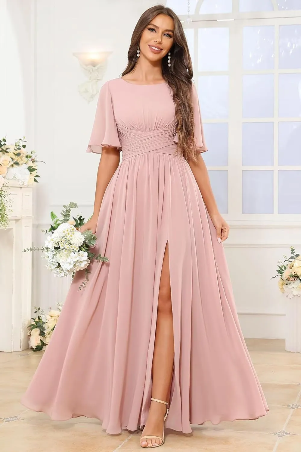 Short Sleeve Bridesmaid Dresses Long A Line Pleated Chiffon Formal Evening Dress with Slit