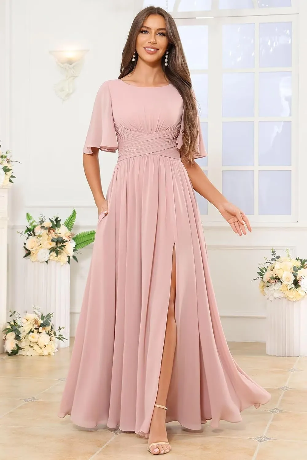 Short Sleeve Bridesmaid Dresses Long A Line Pleated Chiffon Formal Evening Dress with Slit