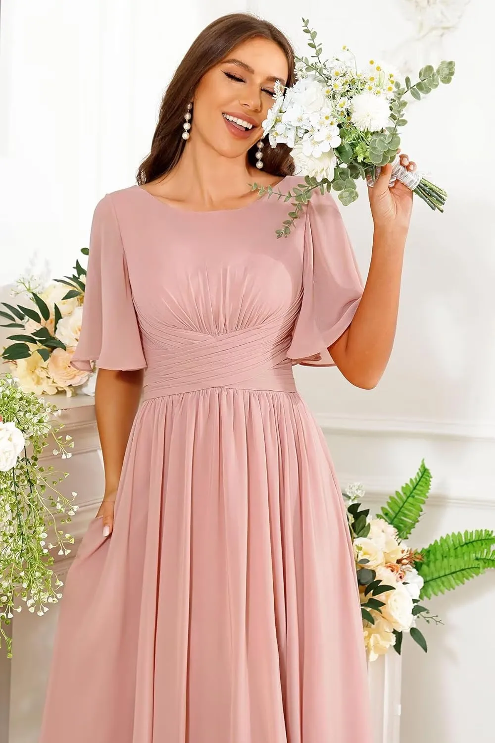 Short Sleeve Bridesmaid Dresses Long A Line Pleated Chiffon Formal Evening Dress with Slit