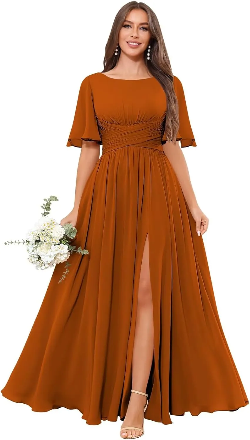 Short Sleeve Bridesmaid Dresses Long A Line Pleated Chiffon Formal Evening Dress with Slit