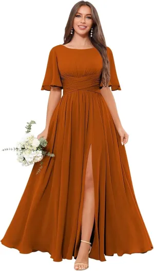 Short Sleeve Bridesmaid Dresses Long A Line Pleated Chiffon Formal Evening Dress with Slit