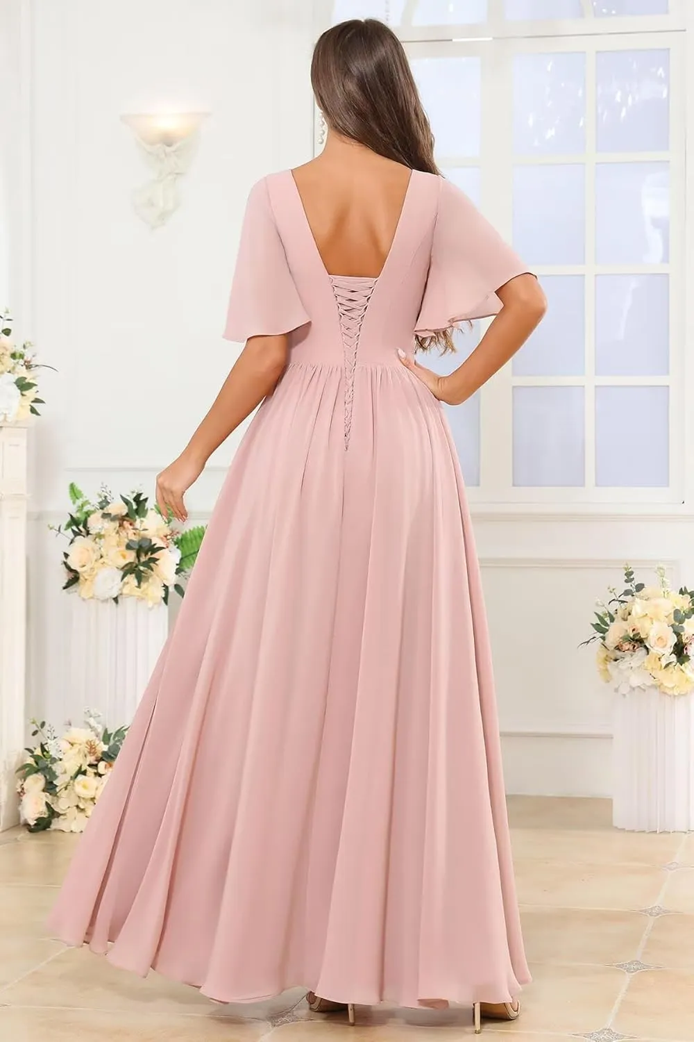 Short Sleeve Bridesmaid Dresses Long A Line Pleated Chiffon Formal Evening Dress with Slit