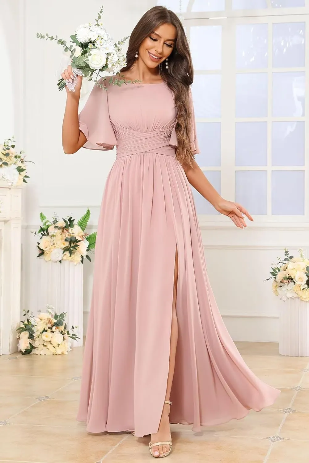 Short Sleeve Bridesmaid Dresses Long A Line Pleated Chiffon Formal Evening Dress with Slit