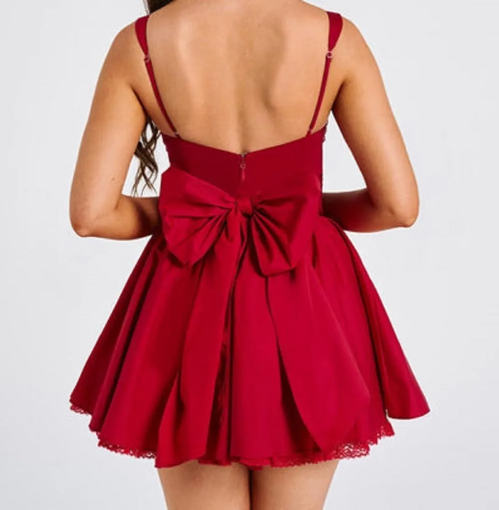 Spaghetti Strap Short Homecoing Dresses for Teens Satin Lace Wedding Party Dress Mini Cocktail Gowns with Bow