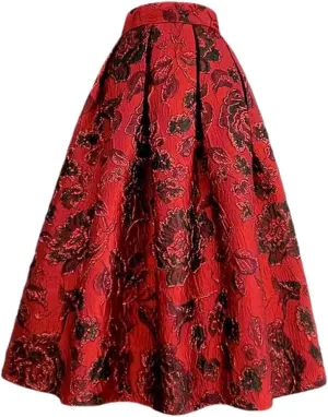 Spring Summer Vintage Elegant Plum Blossom Embroidery Aesthetic High Waist Midi Pleated Skirt