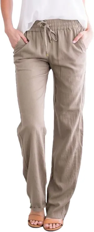 Summer for Women Drawstring High Waist Linen Lounge Pants Pockets Straight Trouser Beach Pilates Sweatpants Stylish, XX-Large, H-khaki