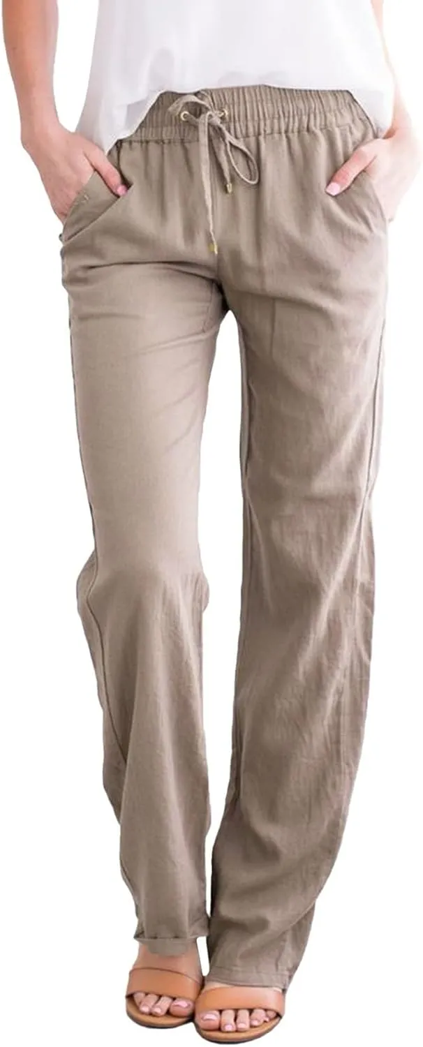 Summer for Women Drawstring High Waist Linen Lounge Pants Pockets Straight Trouser Beach Pilates Sweatpants Stylish, XX-Large, H-khaki