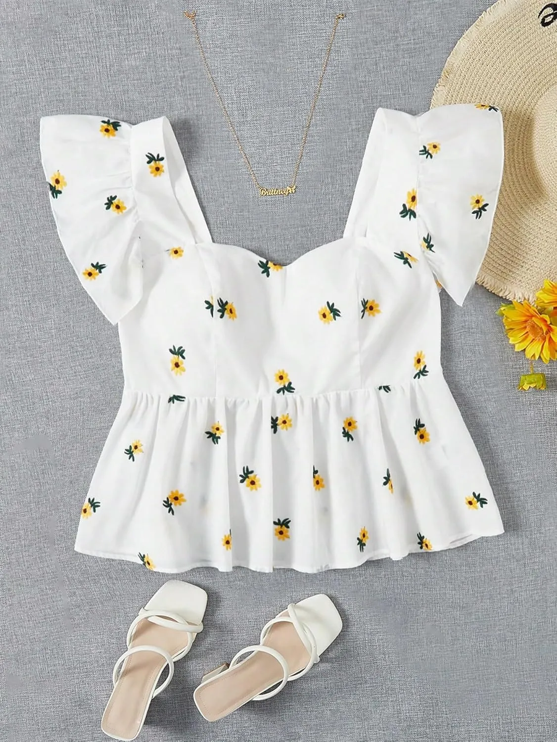 SweatyRocks Women's Plus Size Floral Print Ruffle Crop Top Sweetheart Neck Peplum Tank Tops