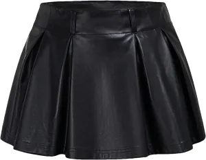 SweatyRocks Women's PU Leather A Line Mini Skirt Flared Hem Pleated Skirts with Shorts