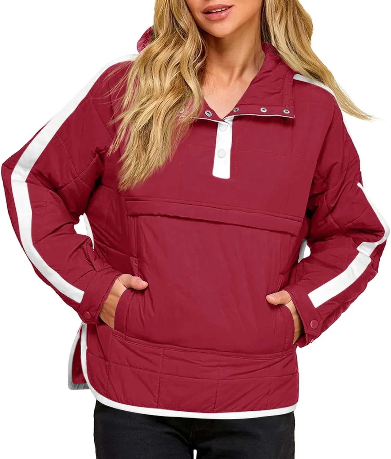 Tankaneo Womens Oversized Puffer Pullover Jacket Quilted Color Block Puffy Hooded Coat Fall Hoodies Outerwear with Pockets