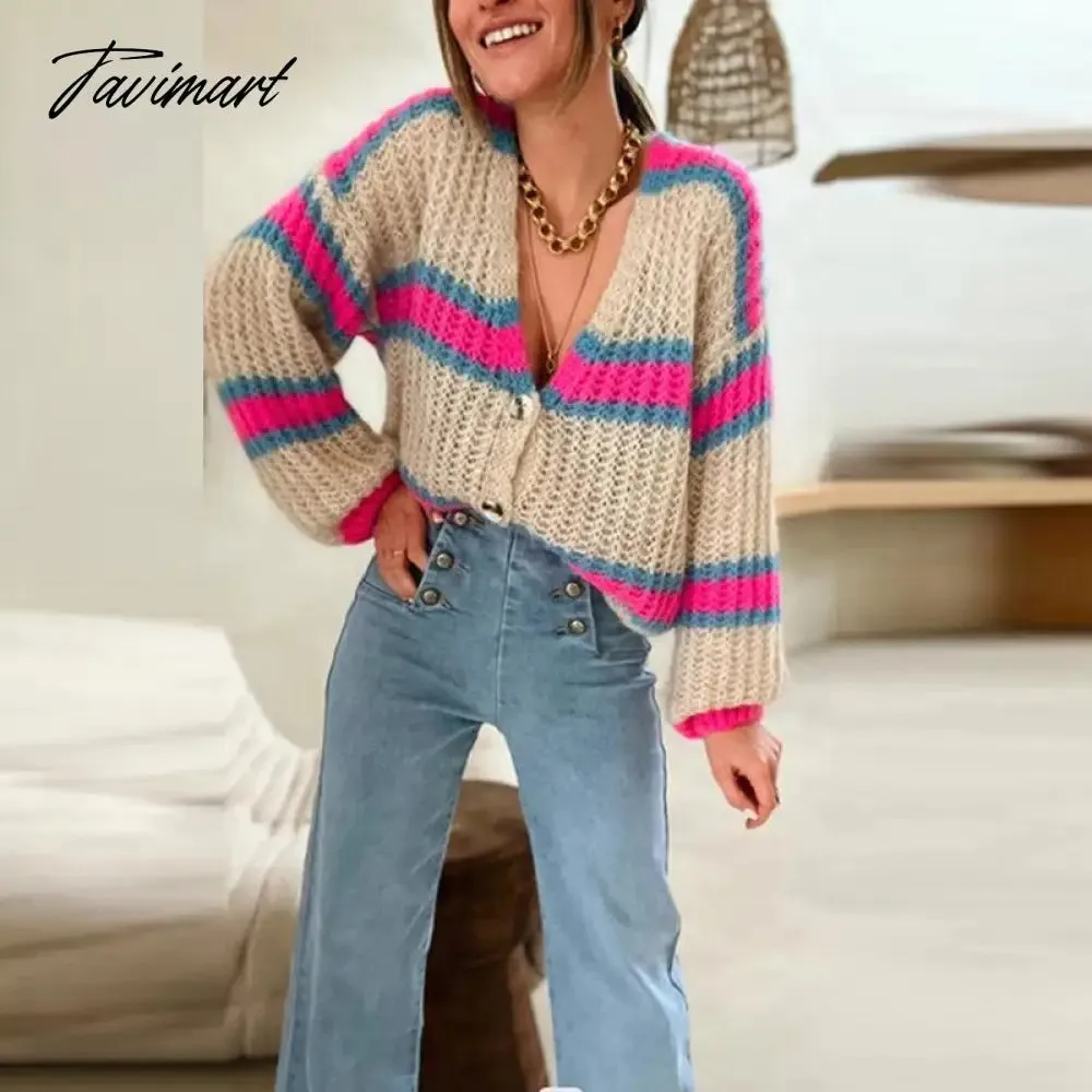 Tavimart Casual Women Long Sleeve Button Cardigan Tops Ladies Sweet New Colorful Sweaters Fashion Contrast Striped Loose V-Neck Sweater