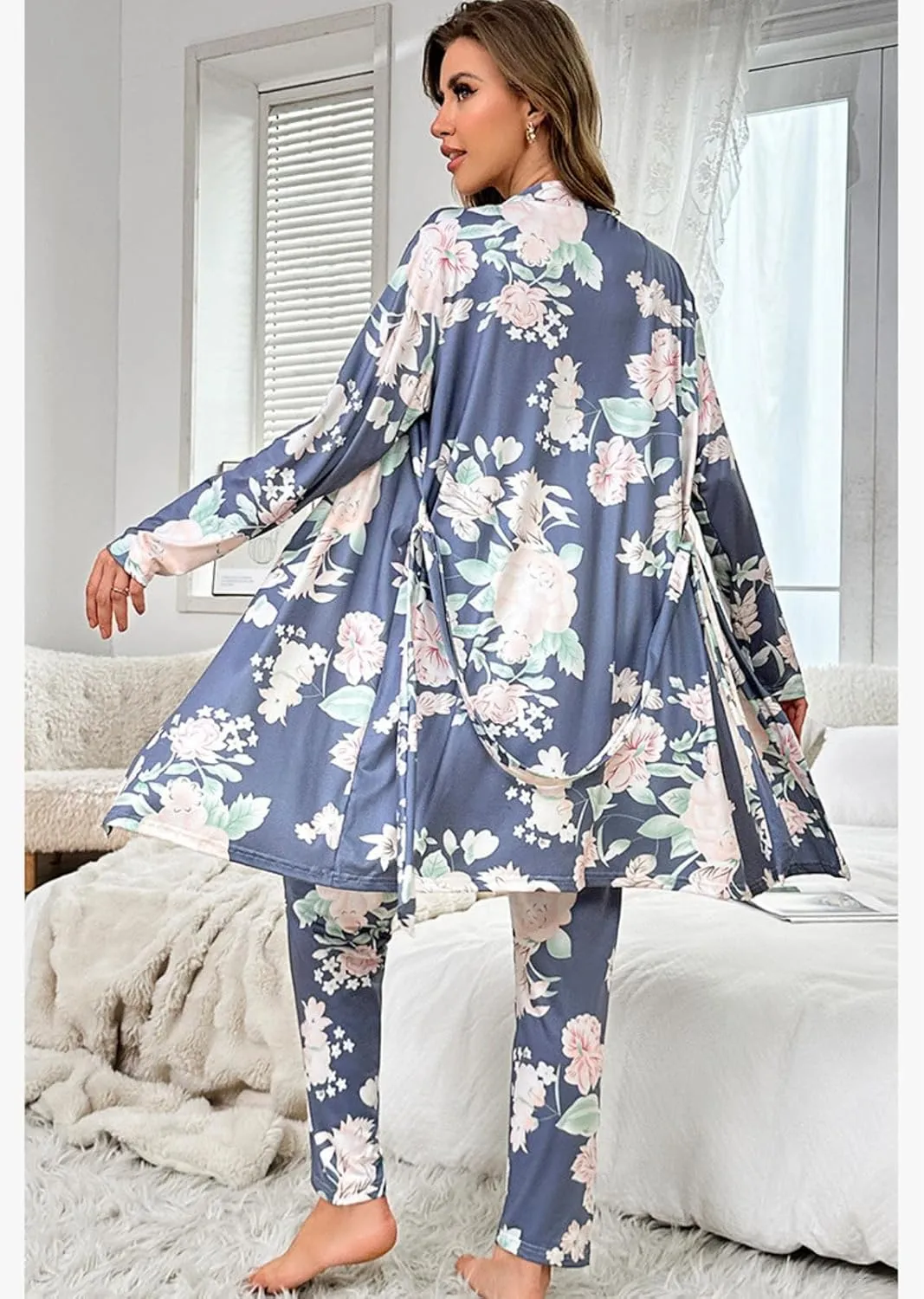 Tenna Teki Women's Floral Print Pajama Set with Robe - Soft and Comfortable Sleepwear for Ladies