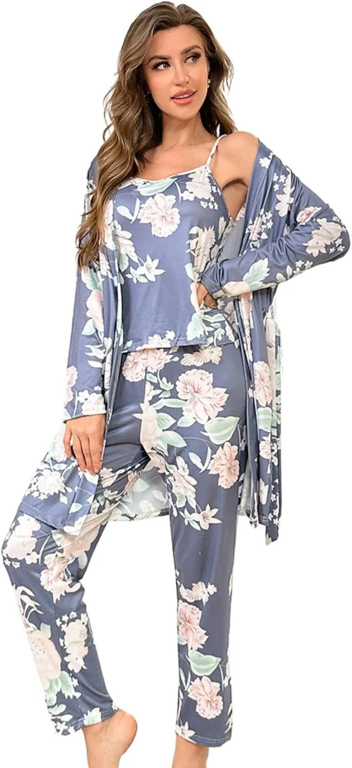 Tenna Teki Women's Floral Print Pajama Set with Robe - Soft and Comfortable Sleepwear for Ladies