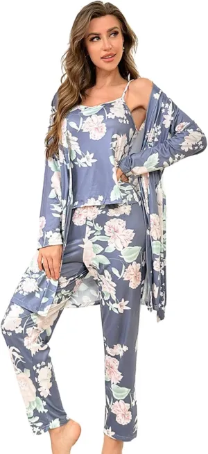 Tenna Teki Women's Floral Print Pajama Set with Robe - Soft and Comfortable Sleepwear for Ladies