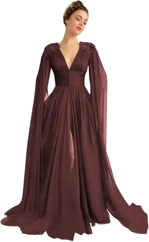 Tulle Prom Dresses for Women V Neck Long Ball Gowns Lace Appliques Evening Party Cocktail Dress with Cape Sleeve