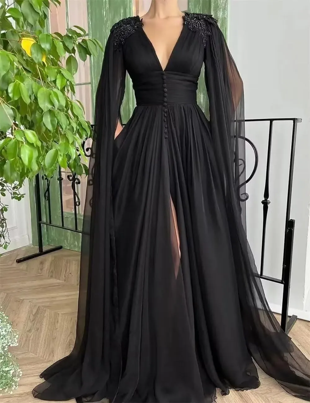 Tulle Prom Dresses for Women V Neck Long Ball Gowns Lace Appliques Evening Party Cocktail Dress with Cape Sleeve