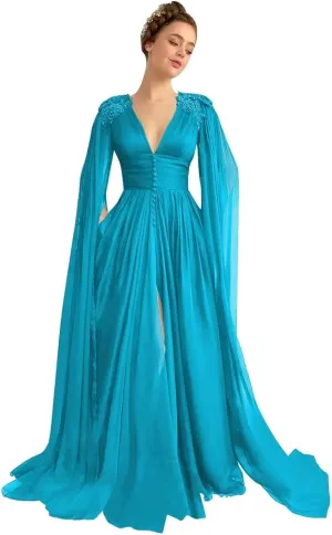 Tulle Prom Dresses for Women V Neck Long Ball Gowns Lace Appliques Evening Party Cocktail Dress with Cape Sleeve