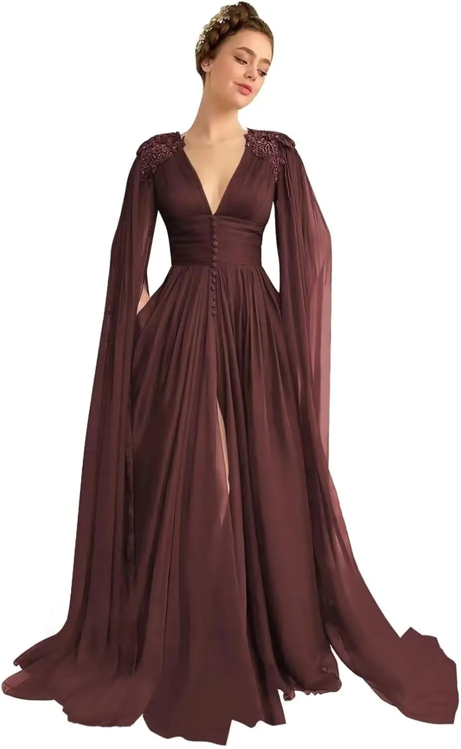 Tulle Prom Dresses for Women V Neck Long Ball Gowns Lace Appliques Evening Party Cocktail Dress with Cape Sleeve
