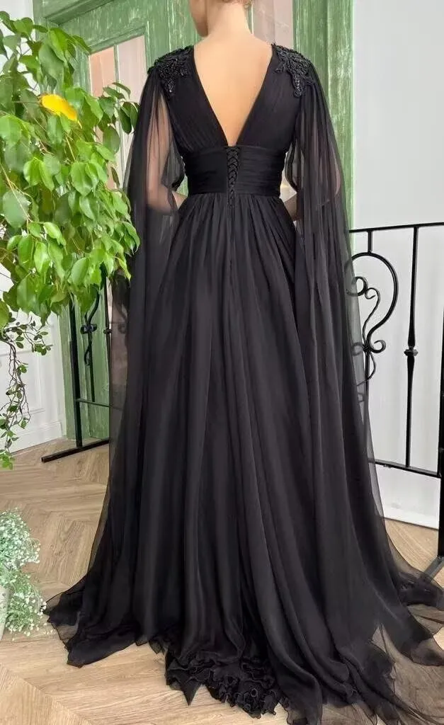 Tulle Prom Dresses for Women V Neck Long Ball Gowns Lace Appliques Evening Party Cocktail Dress with Cape Sleeve