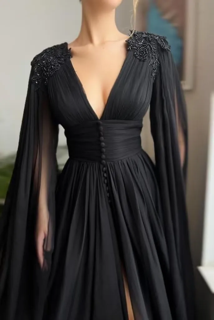 Tulle Prom Dresses for Women V Neck Long Ball Gowns Lace Appliques Evening Party Cocktail Dress with Cape Sleeve