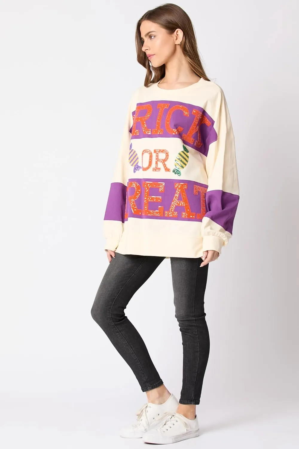 utcoco Oversized Sweatshirt for Women Halloween Letter Sequin Long Sleeve Shirts Color Block Hoodies Tops