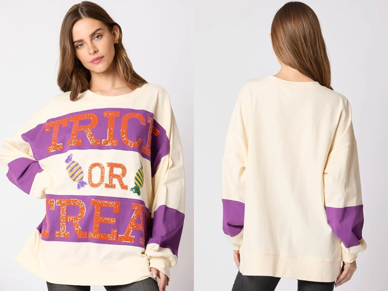 utcoco Oversized Sweatshirt for Women Halloween Letter Sequin Long Sleeve Shirts Color Block Hoodies Tops