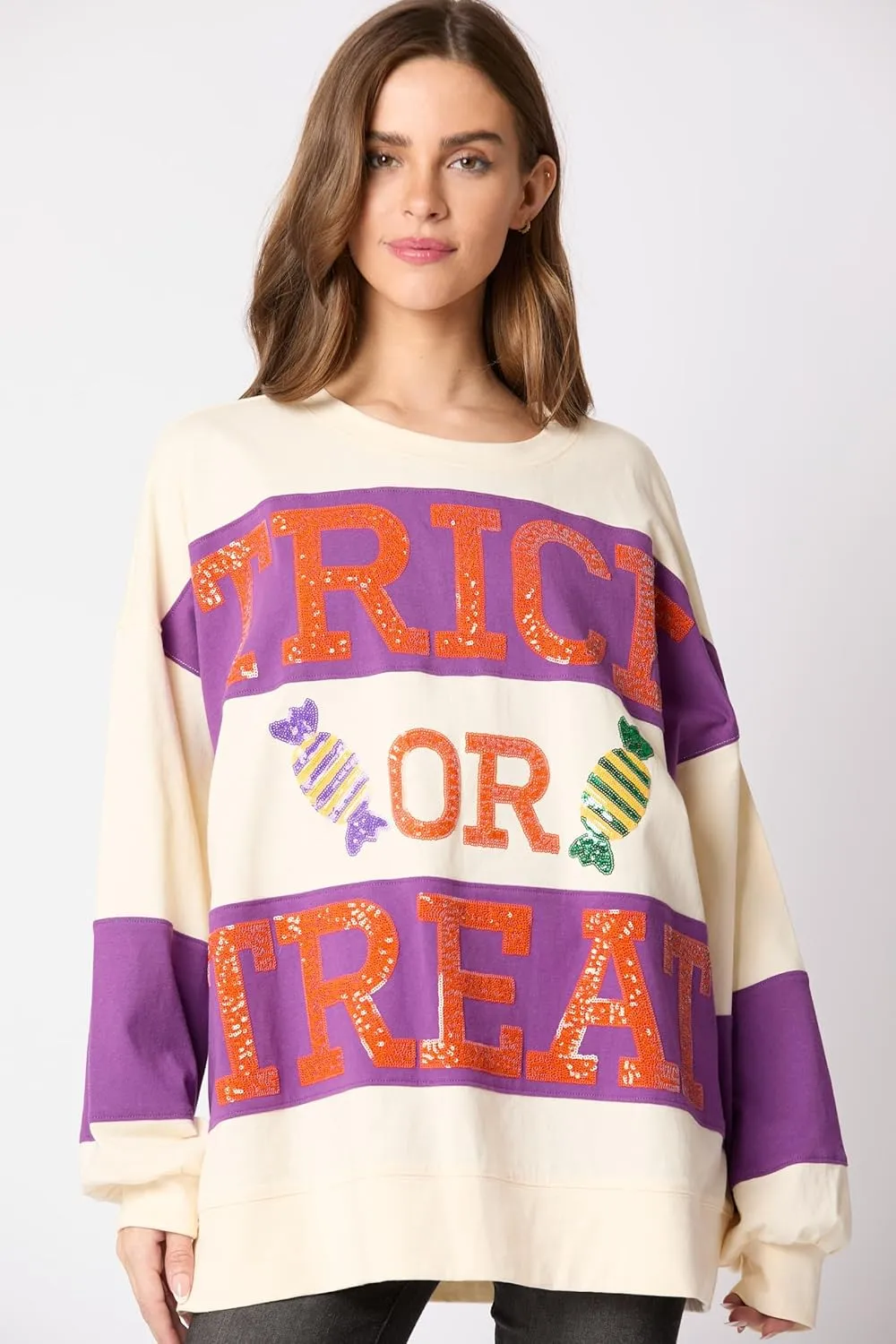 utcoco Oversized Sweatshirt for Women Halloween Letter Sequin Long Sleeve Shirts Color Block Hoodies Tops