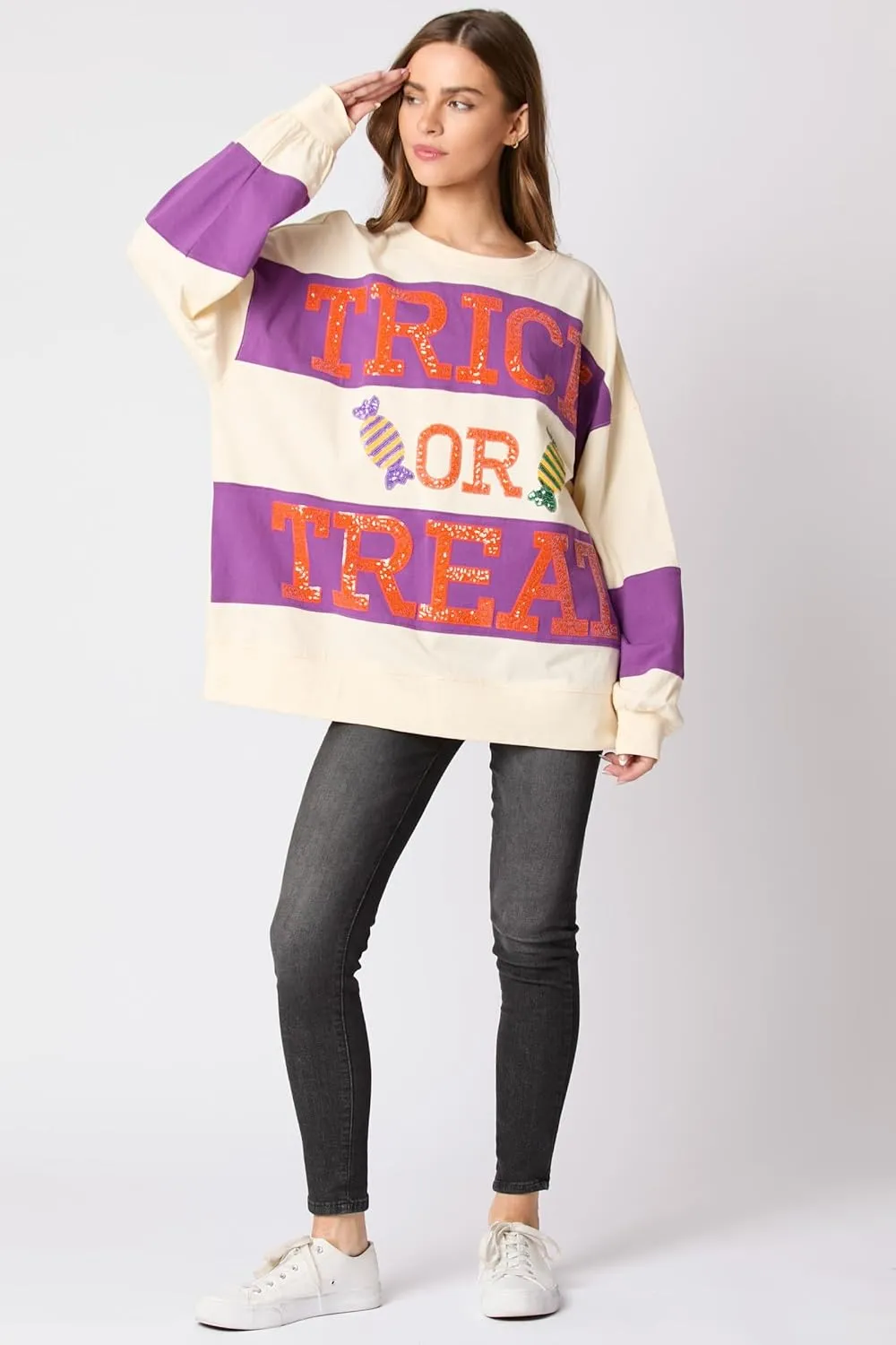 utcoco Oversized Sweatshirt for Women Halloween Letter Sequin Long Sleeve Shirts Color Block Hoodies Tops