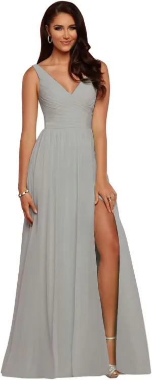 V Neck Bridesmaid Dresses Long Split Chiffon Pleated Wedding Evening Prom Gown for Women Light Grey Size 12