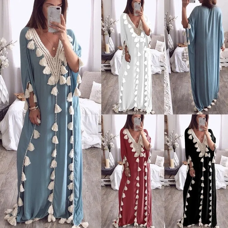 V-neck Lace Patchwork Tassels Women Loose Beach Long Dress