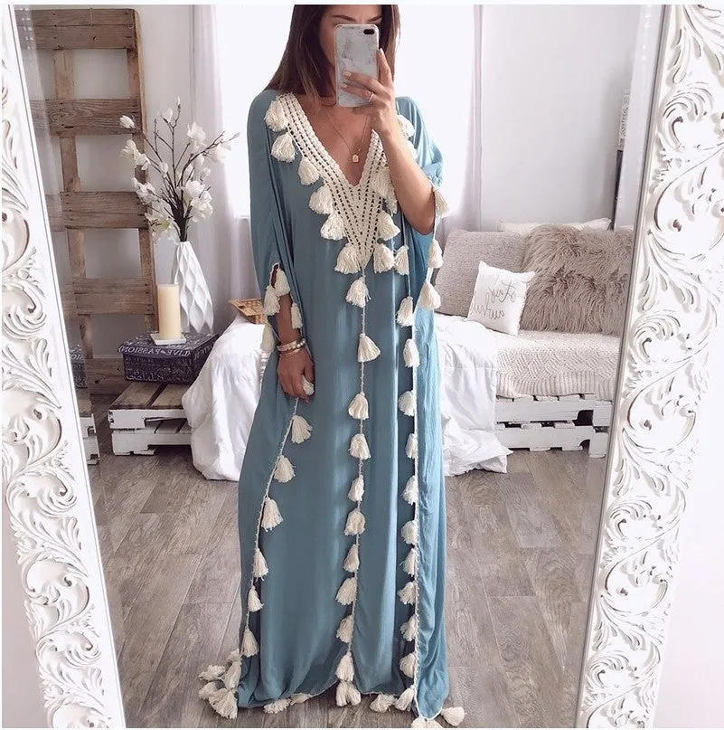 V-neck Lace Patchwork Tassels Women Loose Beach Long Dress