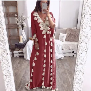 V-neck Lace Patchwork Tassels Women Loose Beach Long Dress