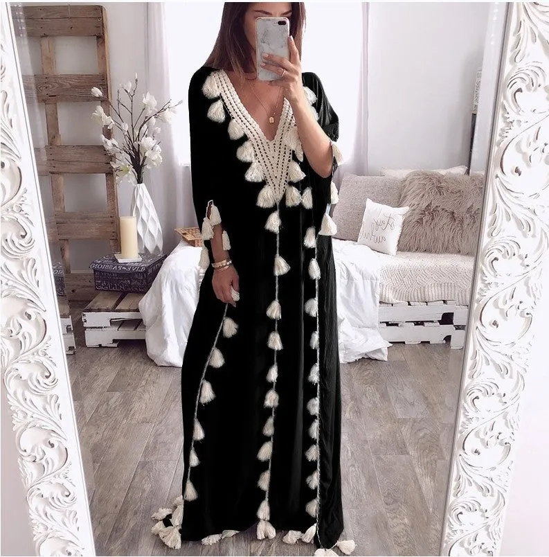 V-neck Lace Patchwork Tassels Women Loose Beach Long Dress