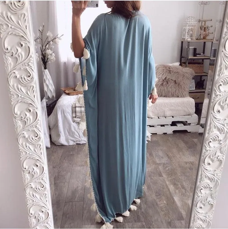 V-neck Lace Patchwork Tassels Women Loose Beach Long Dress