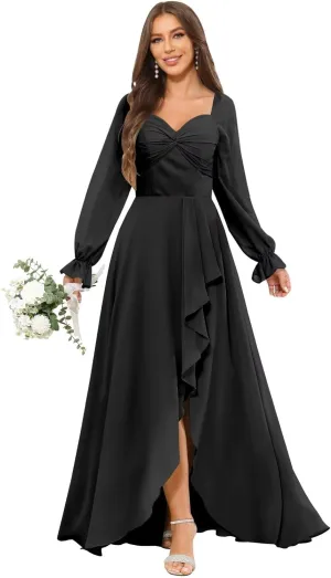 VCCICANY Long Sleeve Chiffon Bridesmaid Dresses for Women Sweetheart Ruffle Ruched Formal Evening Gowns with Slit