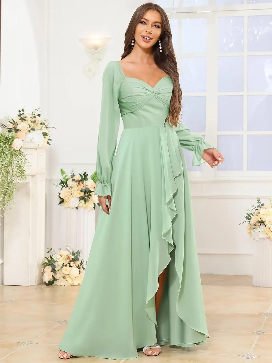 VCCICANY Long Sleeve Chiffon Bridesmaid Dresses for Women Sweetheart Ruffle Ruched Formal Evening Gowns with Slit