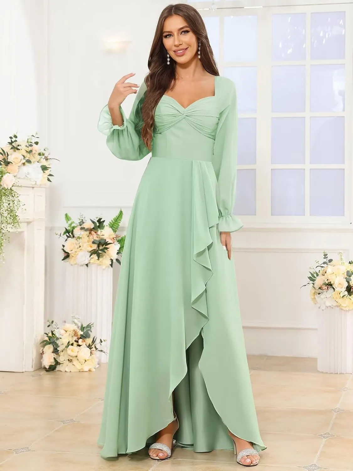 VCCICANY Long Sleeve Chiffon Bridesmaid Dresses for Women Sweetheart Ruffle Ruched Formal Evening Gowns with Slit