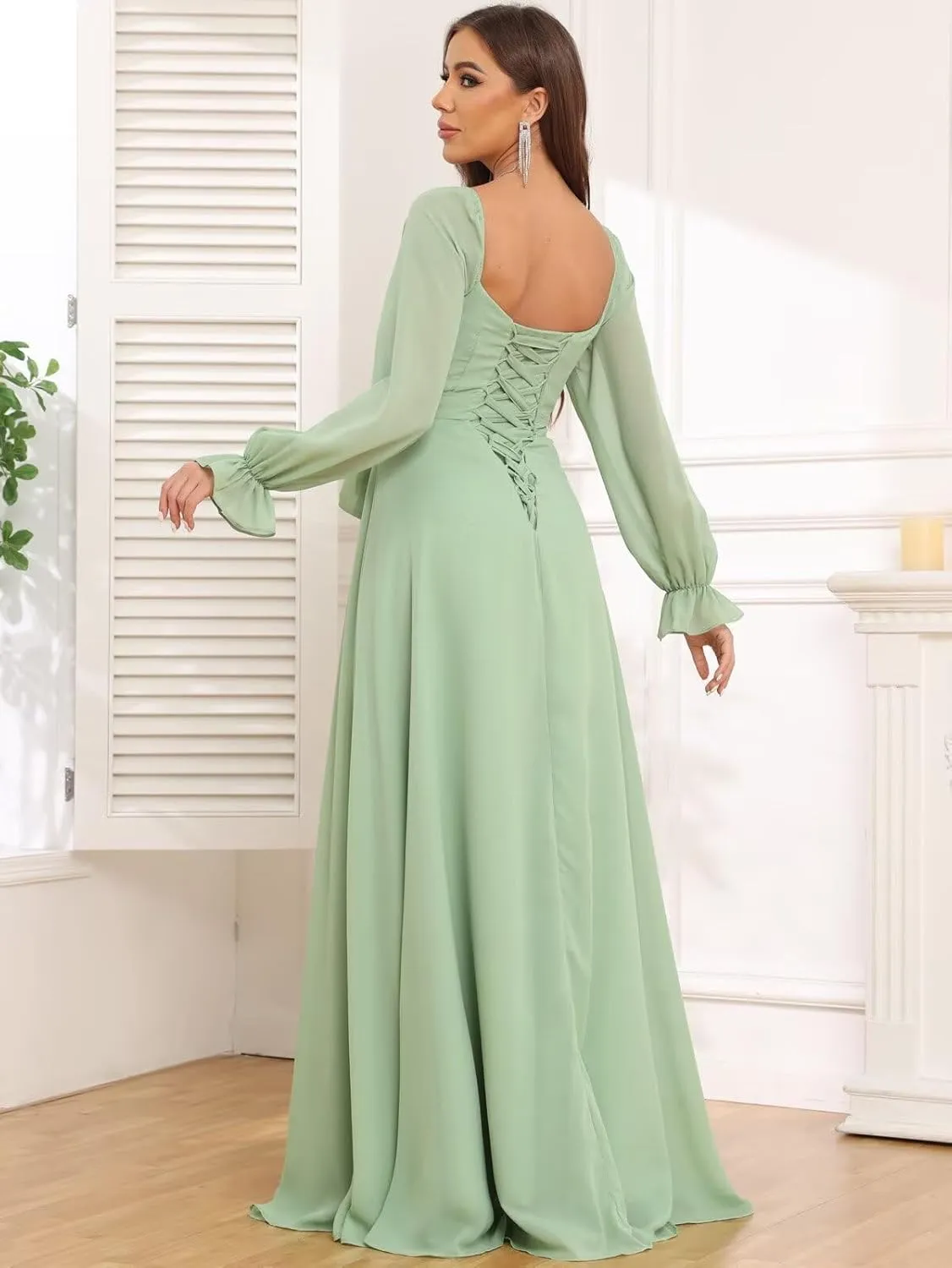 VCCICANY Long Sleeve Chiffon Bridesmaid Dresses for Women Sweetheart Ruffle Ruched Formal Evening Gowns with Slit
