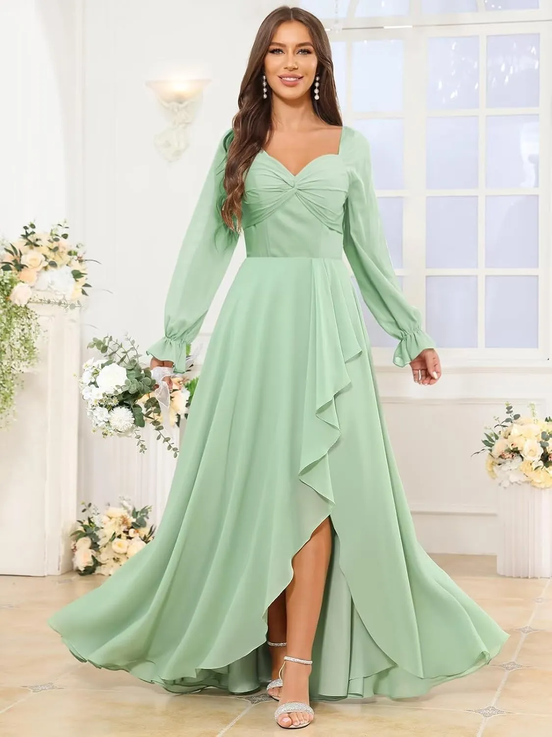 VCCICANY Long Sleeve Chiffon Bridesmaid Dresses for Women Sweetheart Ruffle Ruched Formal Evening Gowns with Slit