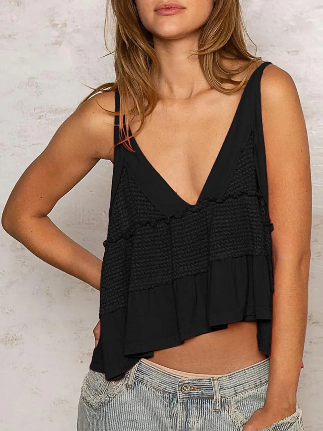 VNIRA Womens Sleeveless Peplum Spaghetti Strap Babydoll V Neck Ruffle Loose Fit Waffle Knit Crop Boho Tank Tops