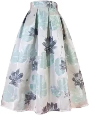 Vsadsau Women Elegant High Waist Skirt Long Pleated Midi Skirt Aesthetic Light Floral Printed Jacquard