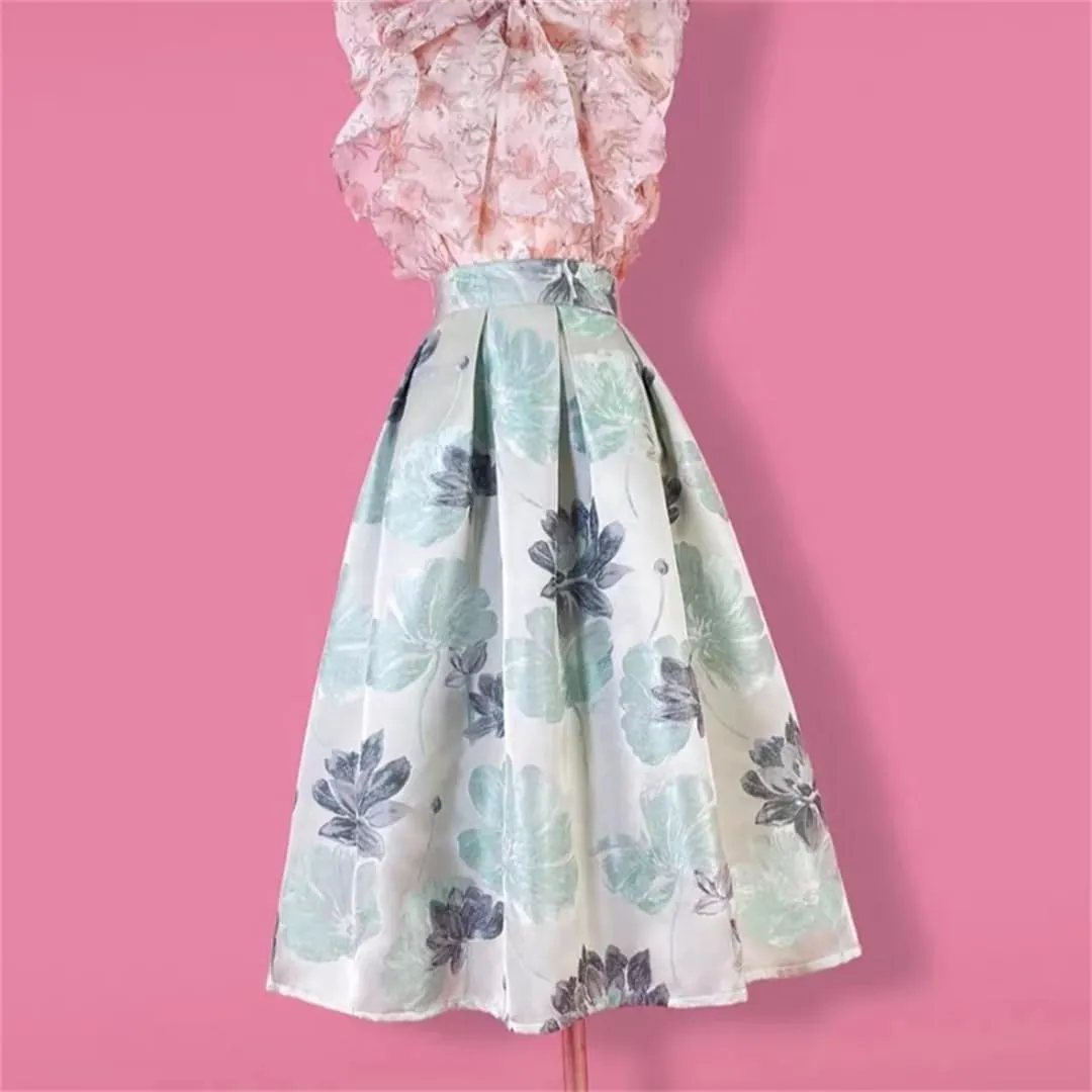 Vsadsau Women Elegant High Waist Skirt Long Pleated Midi Skirt Aesthetic Light Floral Printed Jacquard